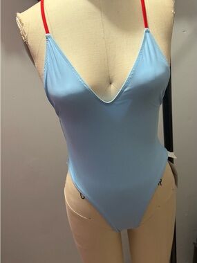Forever 21 Light Blue One-Piece Swimsuit with Red Accent Straps